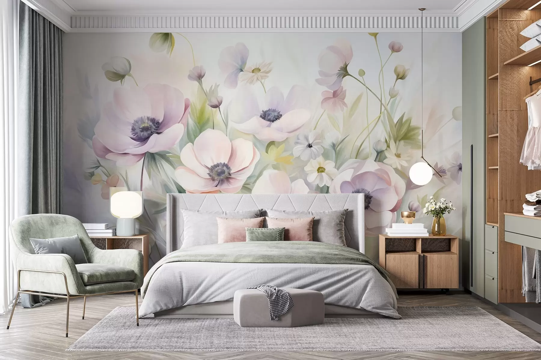 murales de pared Un campo de flores de anémona en tonos rosa pastel y blanco, follaje verde y pequeñas margaritas blancas. w09742