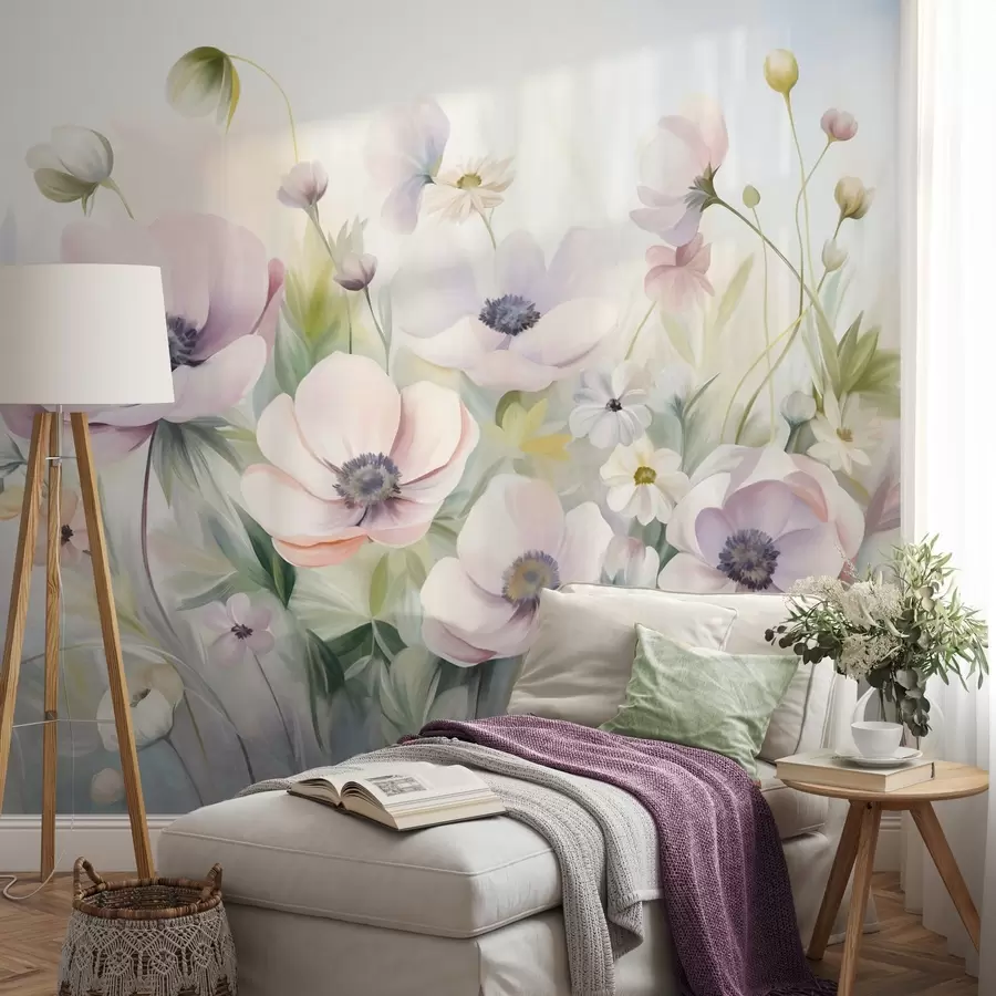 murales de pared Un campo de flores de anémona en tonos rosa pastel y blanco, follaje verde y pequeñas margaritas blancas. w09742