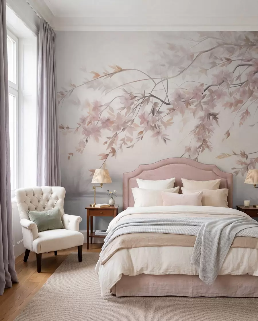 murales de pared Paisaje texturizado con rama de cerezo en flor, hojas rosadas y fondo suave y brumoso. w09743