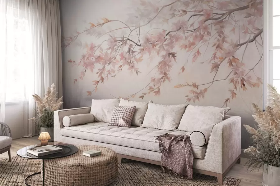 murales de pared Paisaje texturizado con rama de cerezo en flor, hojas rosadas y fondo suave y brumoso. w09743