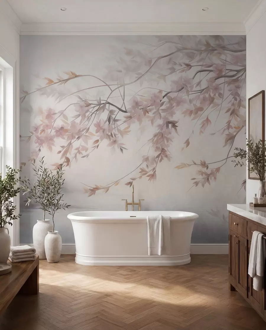 murales de pared Paisaje texturizado con rama de cerezo en flor, hojas rosadas y fondo suave y brumoso. w09743