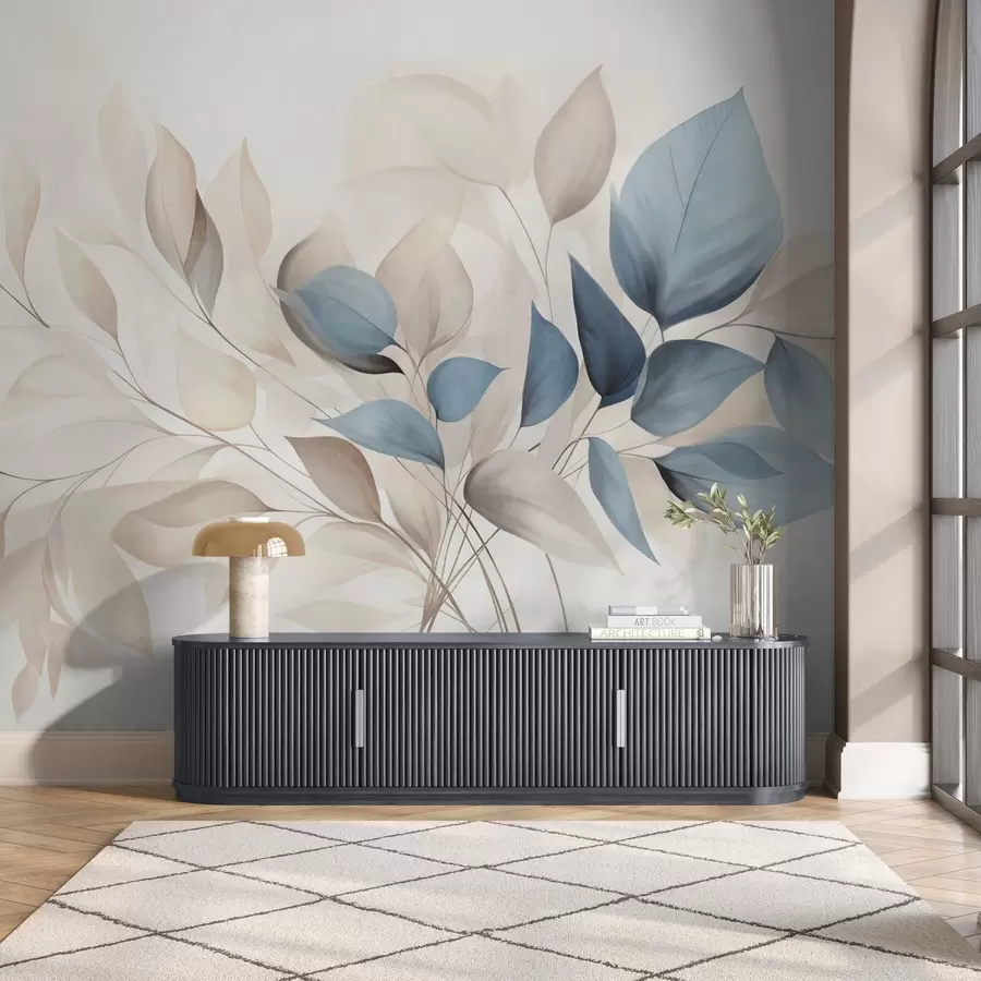 murales de pared Hojas abstractas translúcidas en tonos azul, beige y crema, arte texturizado. w09744