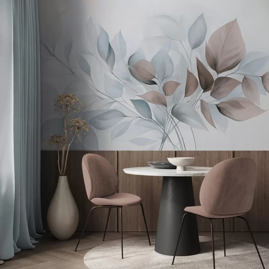 murales de pared Hojas abstractas translúcidas en tonos azules, beige y marrones, arte texturizado. w09744v1