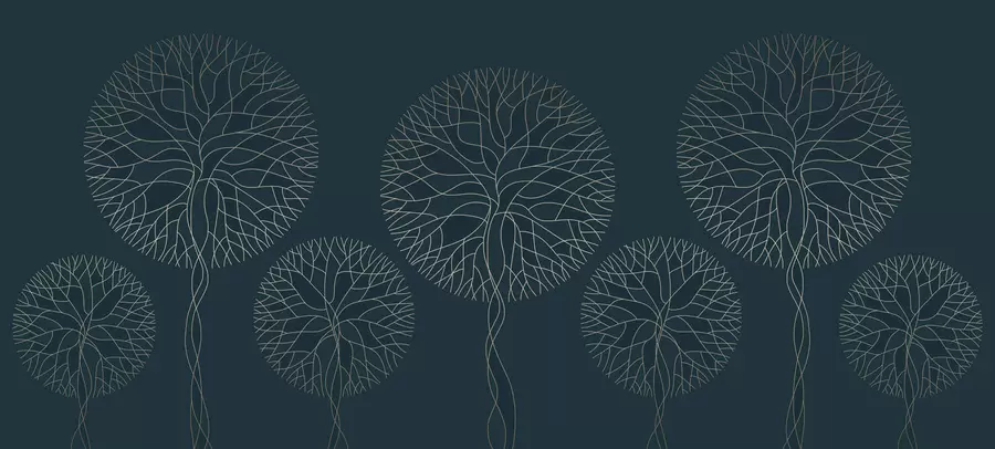 murales de pared Árboles lineales fantásticos con copas frondosas en elegantes tonos esmeralda oscuro. w05213