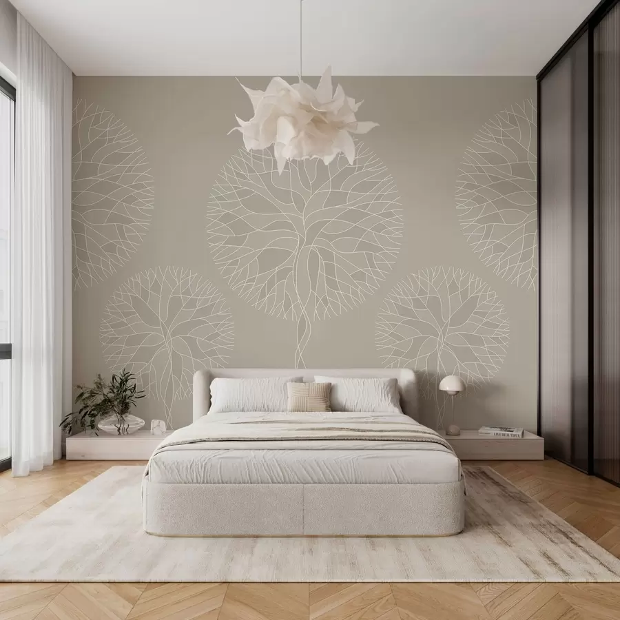 murales de pared Árboles lineales fantásticos con copas frondosas en tonos beige. w05213v3