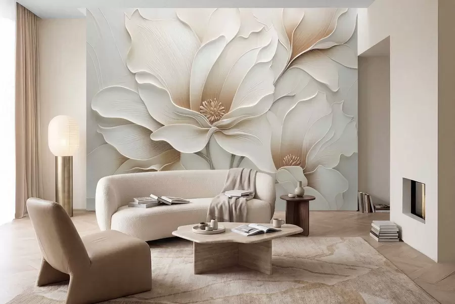 murales de pared Primer plano de relieve con flores beige en relieve w05269