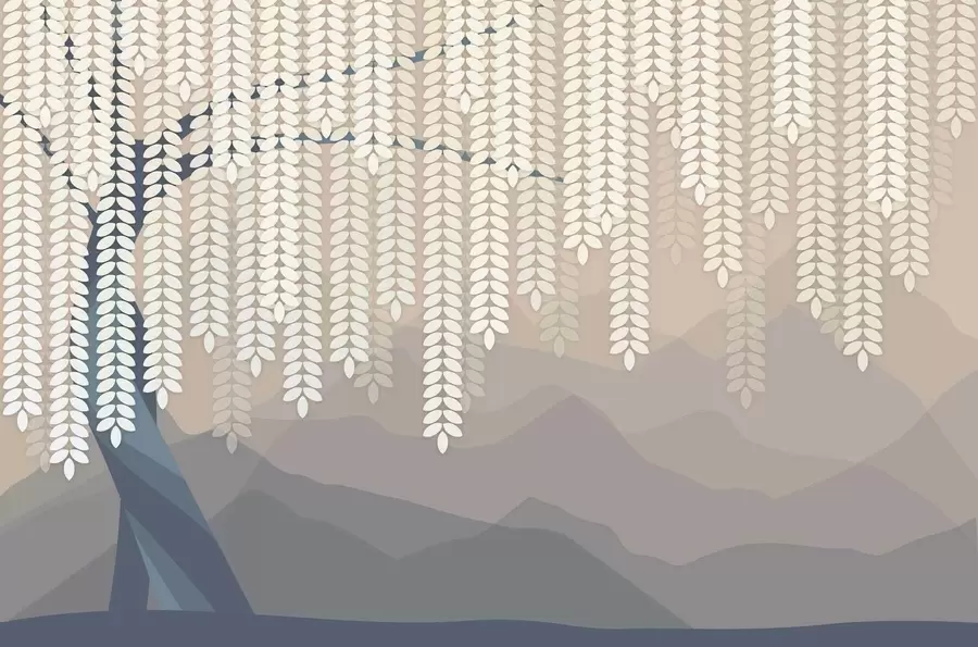 murales de pared Sauce estilizado con hojas colgantes sobre un fondo de montañas minimalistas en tonos beige y azul verdoso. w05232