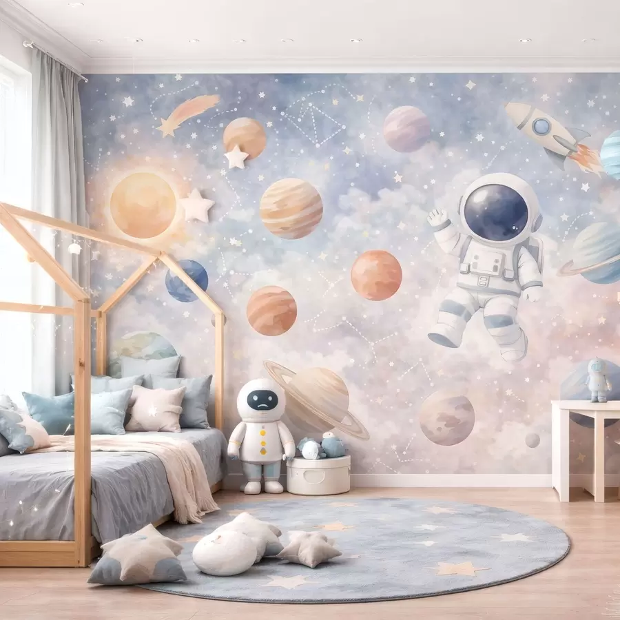 murales de pared Un pequeño astronauta entre planetas y estrellas. w05233