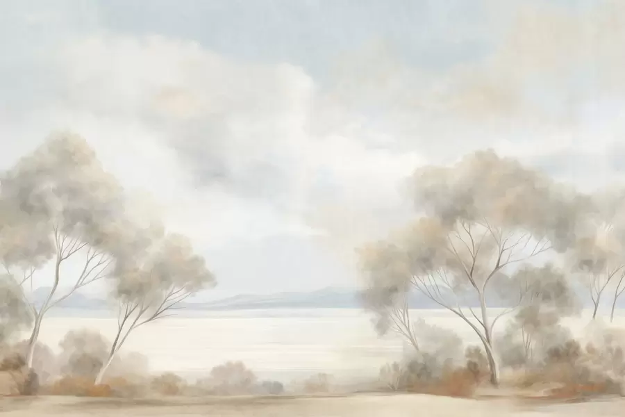 murales de pared Un estilo de pintura con textura paisajística con árboles bajo un cielo nublado. w09753