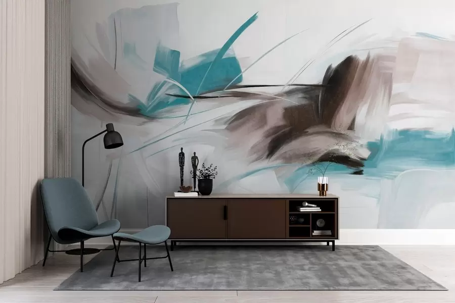 murales de pared Estilo de pintura abstracta con pinceladas texturizadas en marrón y azul. w09755v1