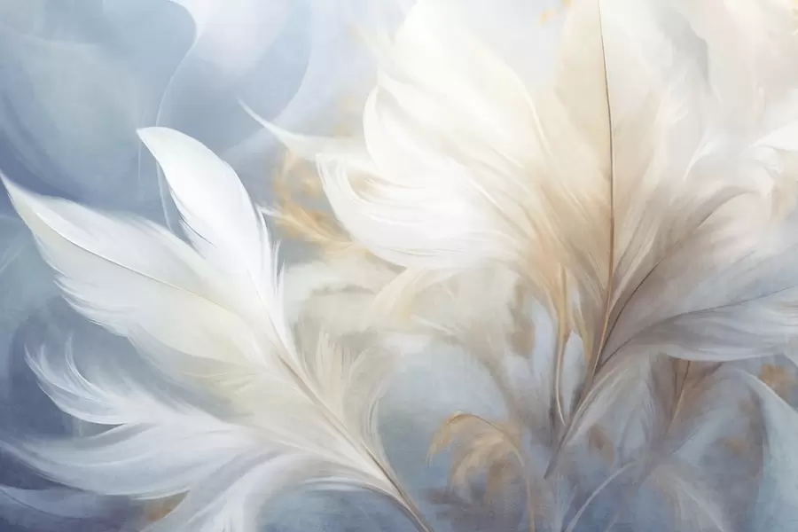 murales de pared Plumas blancas suaves y texturizadas y hierba de la pampa difuminada con fondo azul y blanco. w09758