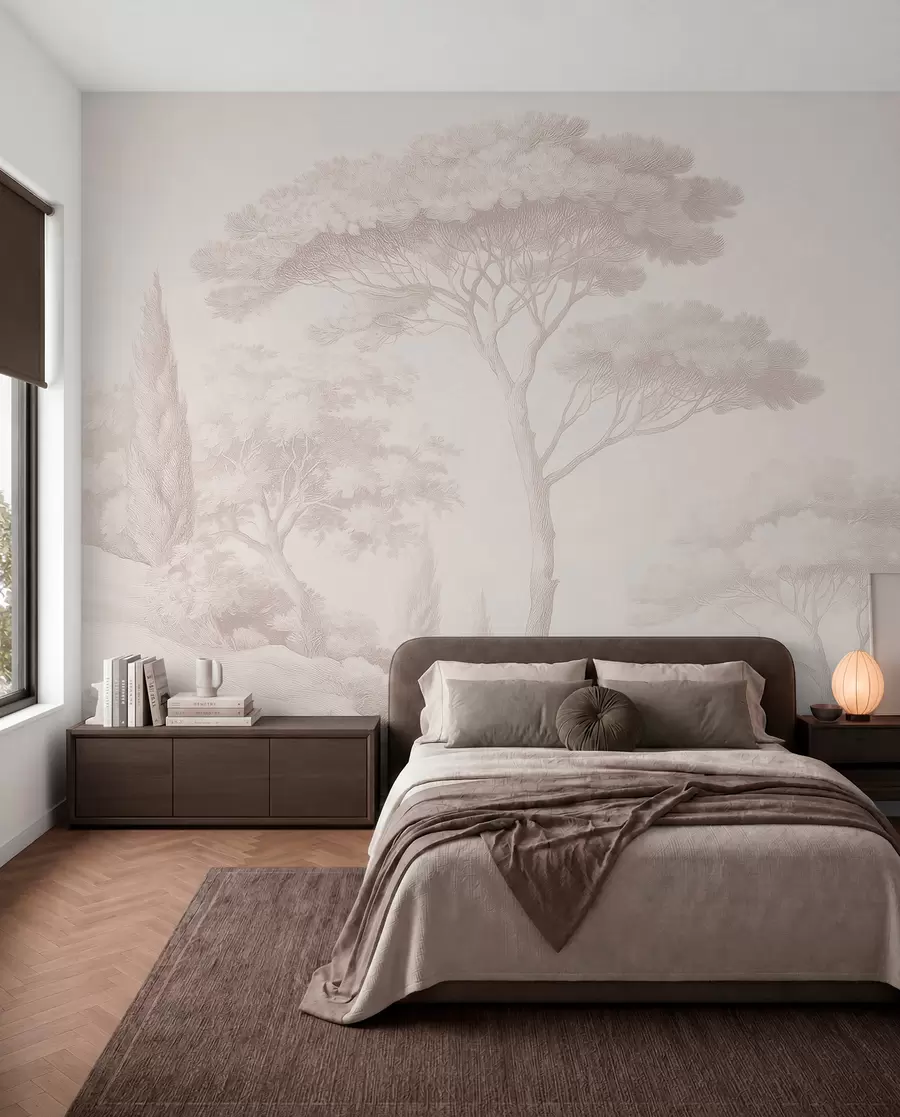murales de pared Tranquilo paisaje forestal en una paleta de colores beige. w09685