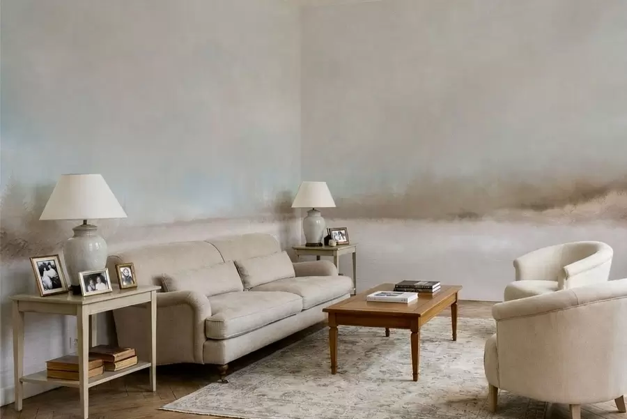 murales de pared Paisaje brumoso con lago y bosque w05319