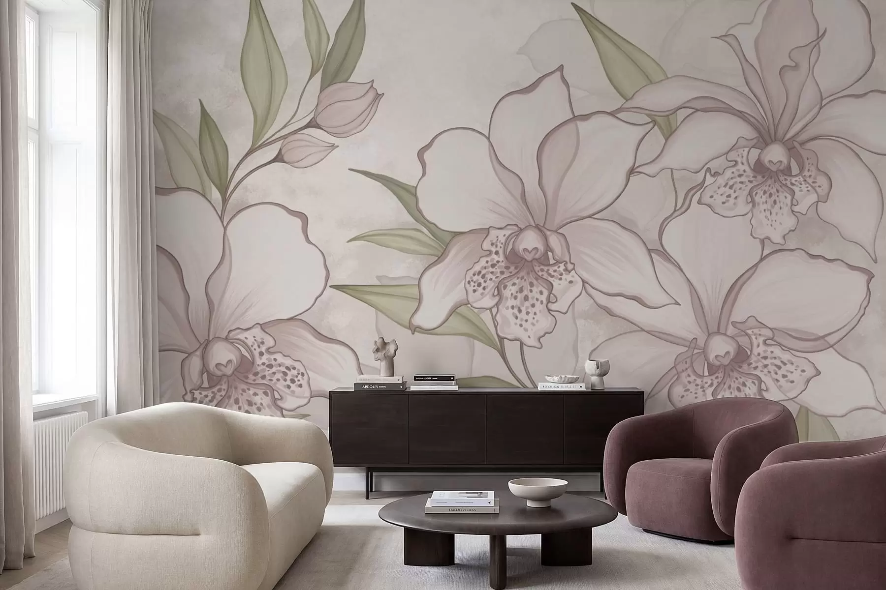 murales de pared Ilustración de orquídeas pálidas con hojas sobre fondo beige. w05117