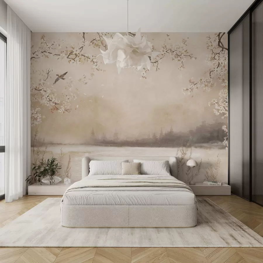 murales de pared Delicadas ramas en flor junto al lago con pájaros en una ligera niebla. w05155