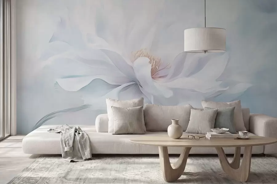 murales de pared Flor blanca suave con pétalos fluidos sobre fondo azul. w05354