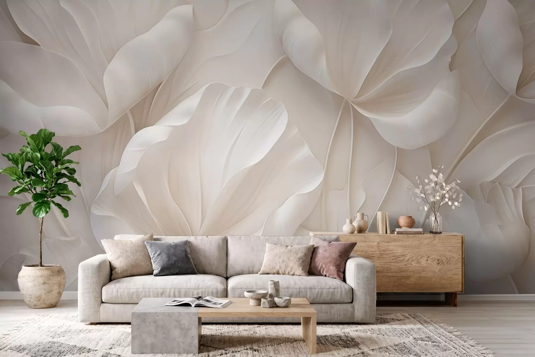 murales de pared Flores esculpidas con pétalos suaves w05355