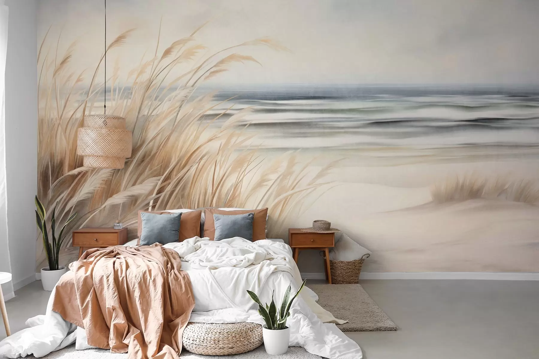 murales de pared Paisaje con textura, con hierba seca en una playa de arena, con el océano y el cielo al fondo. w09739