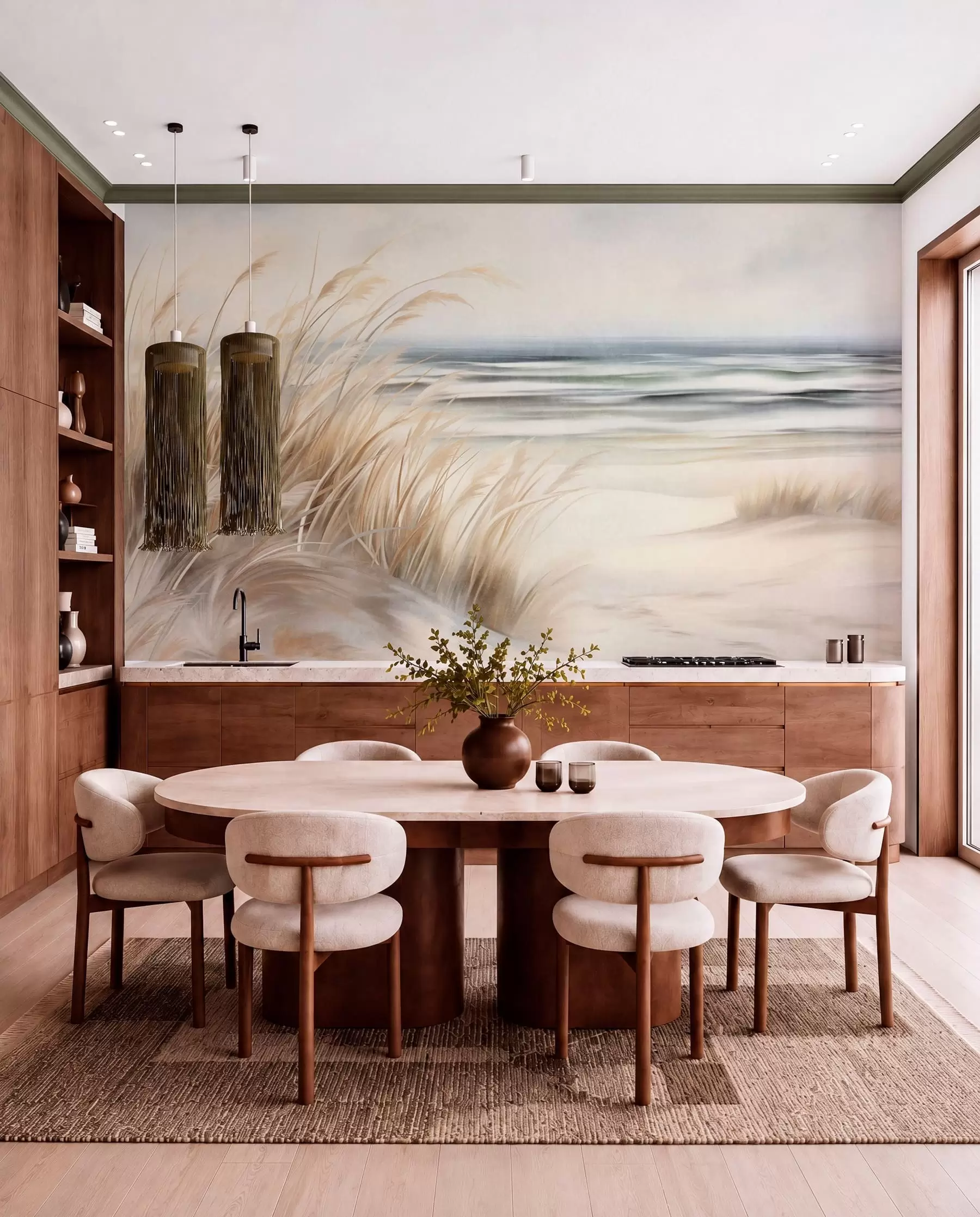 murales de pared Paisaje con textura, con hierba seca en una playa de arena, con el océano y el cielo al fondo. w09739
