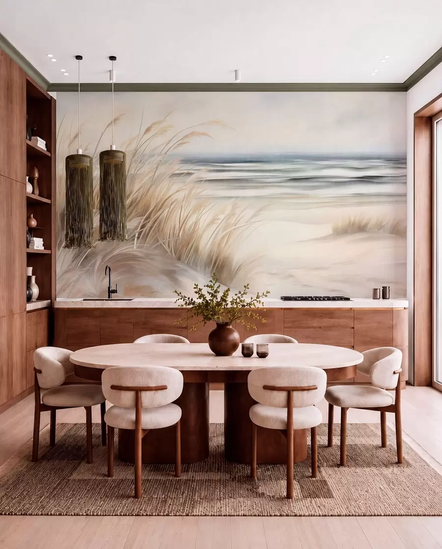 murales de pared Paisaje con textura, con hierba seca en una playa de arena, con el océano y el cielo al fondo. w09739