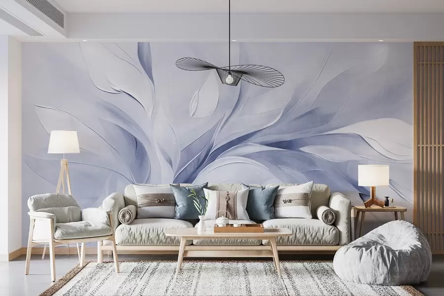 murales de pared Estilo pictórico abstracto con textura de hojas fluidas en tonos azul pálido y blanco. w09765