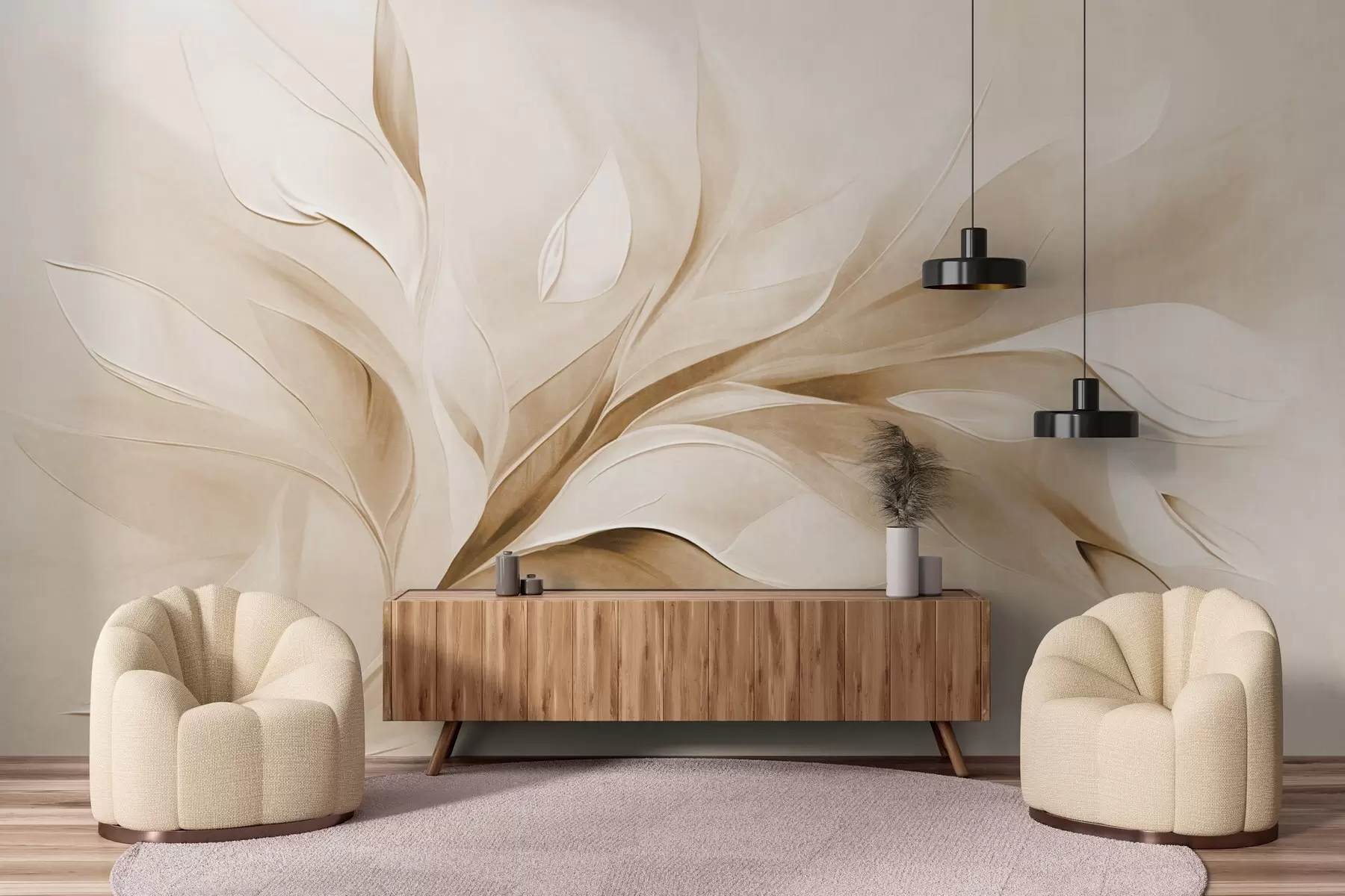 murales de pared Estilo pictórico abstracto con textura de hojas fluidas en tonos beige y blanco. w09765v1