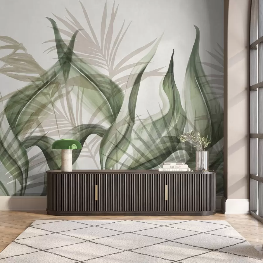 murales de pared Hojas tropicales en tonos beige y verde sobre fondo blanco, estilo acuarela con textura. w09772v1