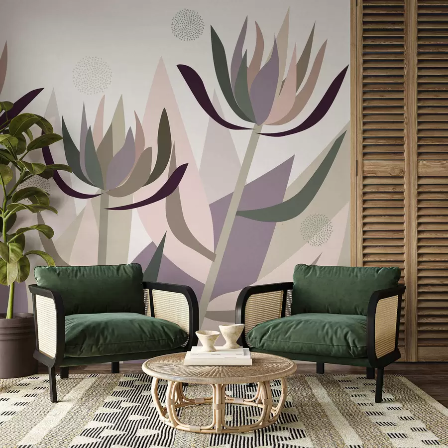 murales de pared flores de protea estilizadas en estilo primitivo w05236