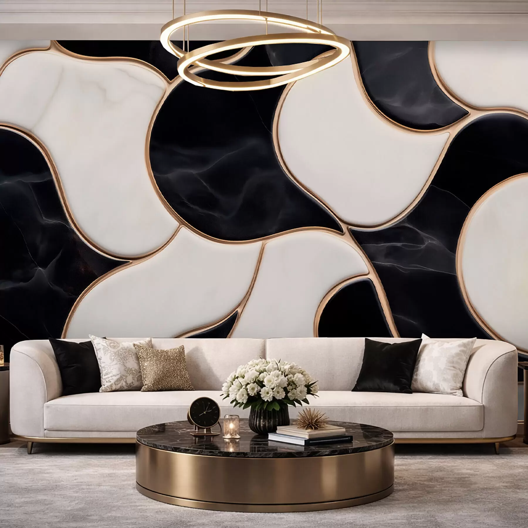 murales de pared Imitación abstracta de una composición de mármol en tonos blancos y negros con líneas amarillas w09733