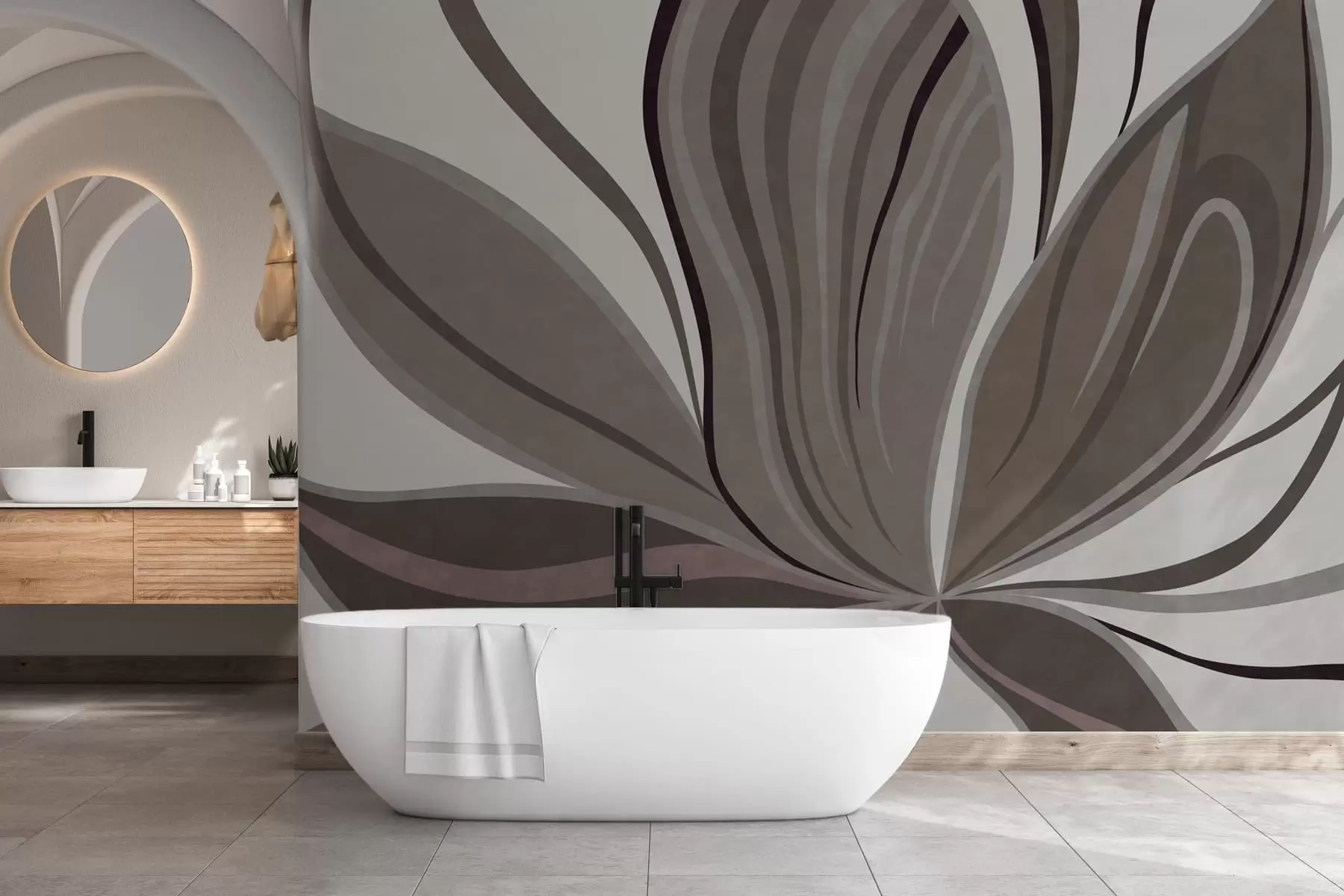 murales de pared Flor abstracta con líneas suaves en tonos gris-beige w05147v1
