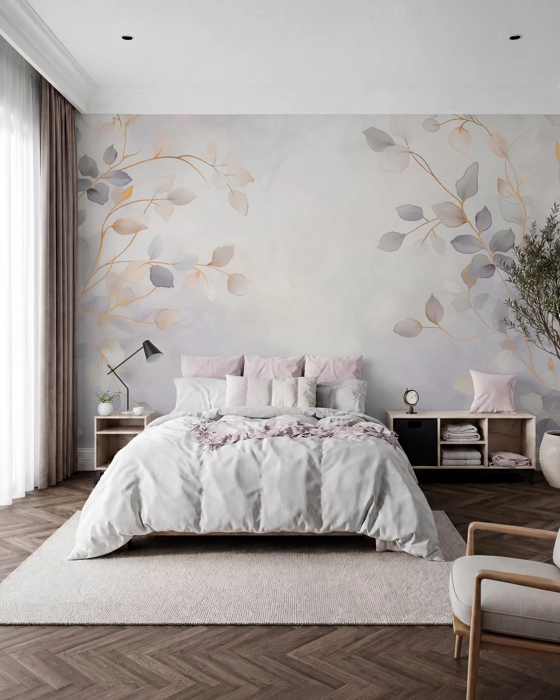 murales de pared Ramas frondosas y delicadas sobre un fondo suave y difuminado w05296