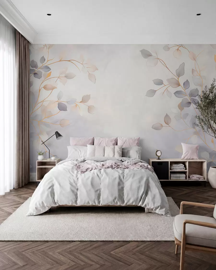 murales de pared Ramas frondosas y delicadas sobre un fondo suave y difuminado w05296