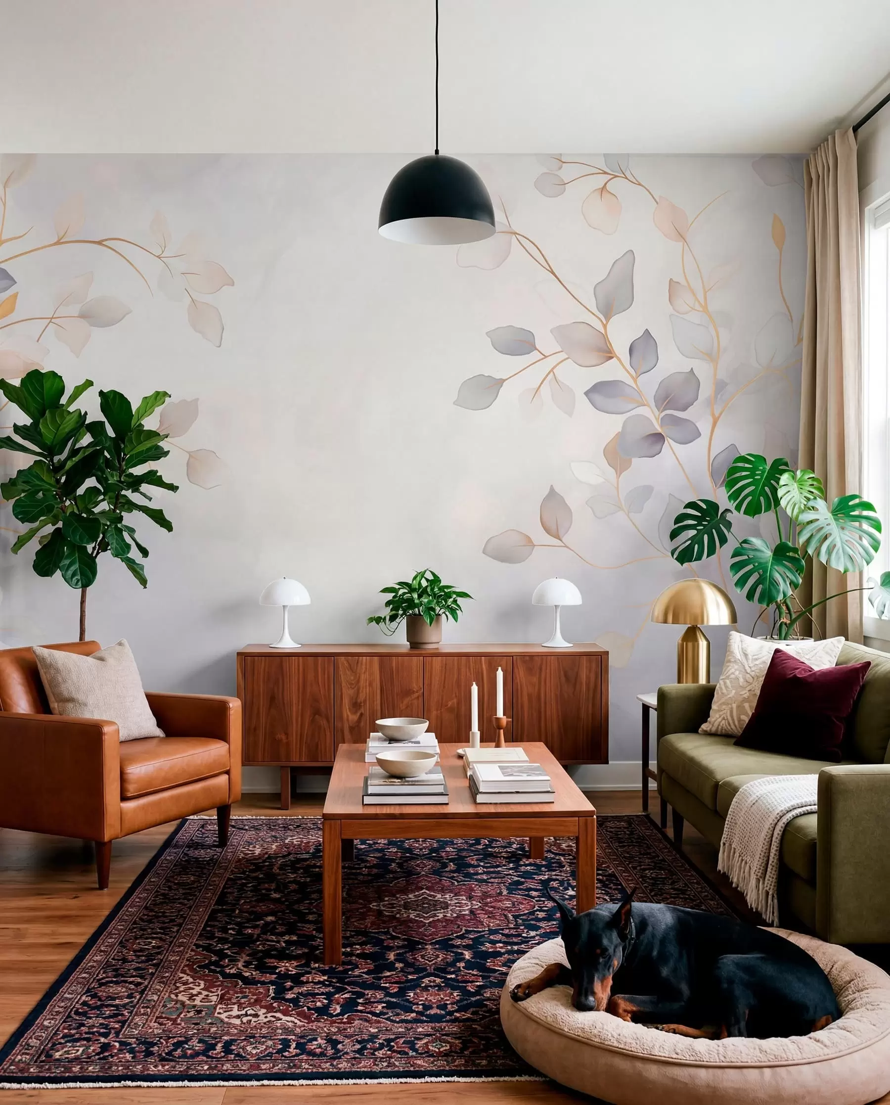murales de pared Ramas frondosas y delicadas sobre un fondo suave y difuminado w05296
