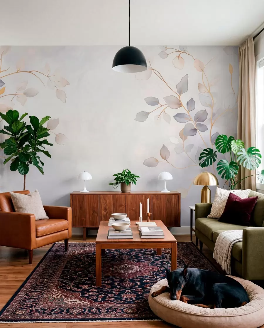 murales de pared Ramas frondosas y delicadas sobre un fondo suave y difuminado w05296
