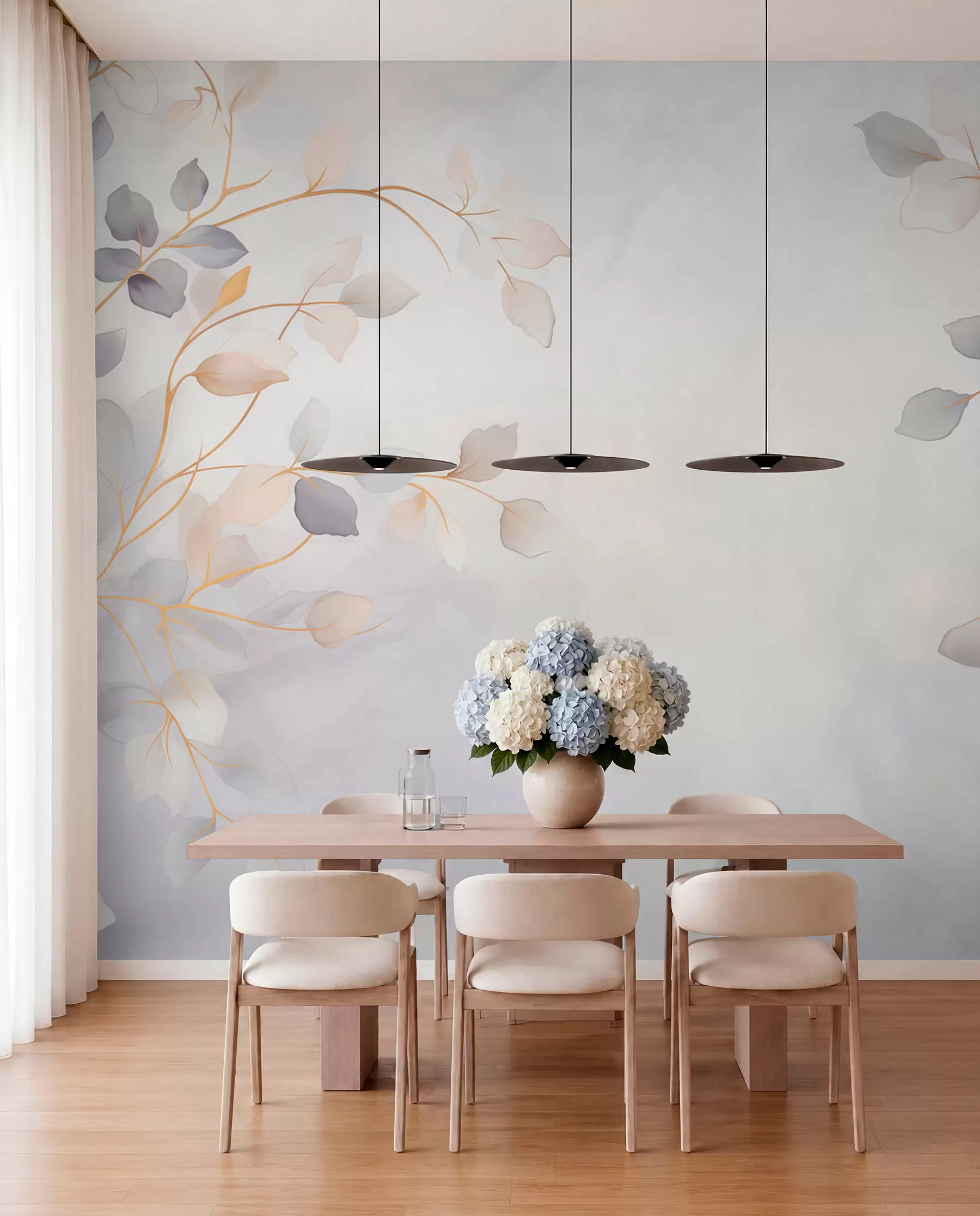 murales de pared Ramas frondosas y delicadas sobre un fondo suave y difuminado w05296