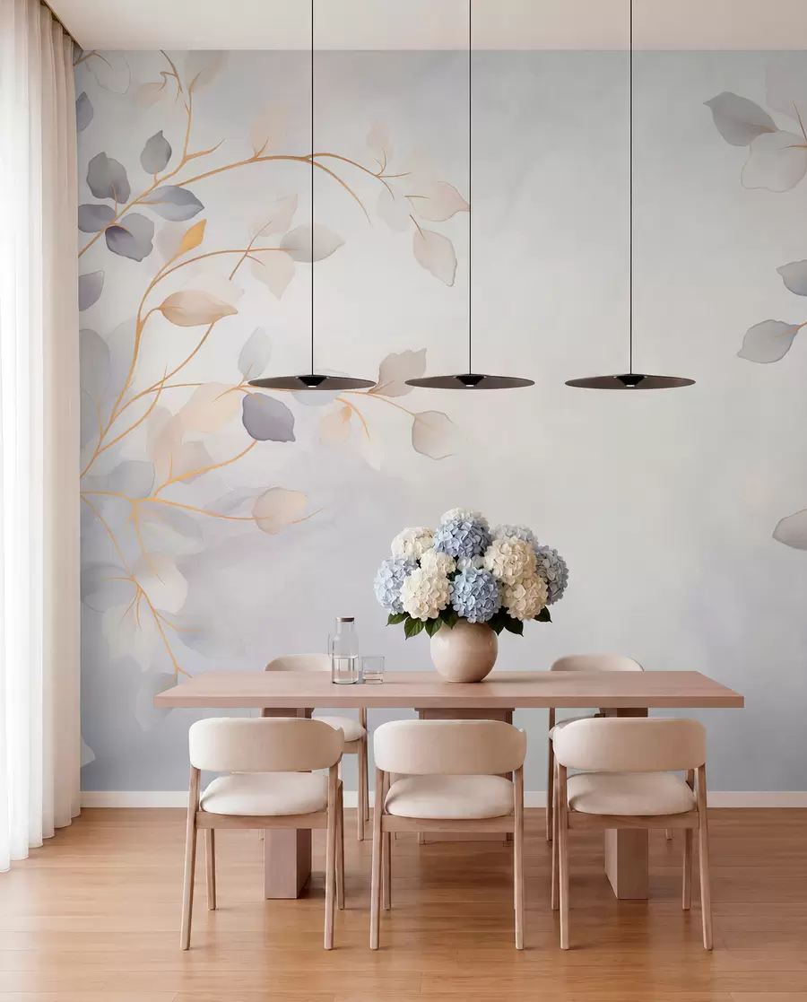 murales de pared Ramas frondosas y delicadas sobre un fondo suave y difuminado w05296