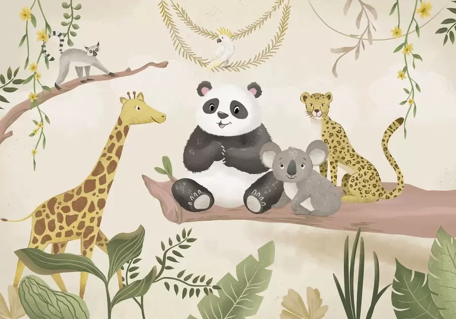 murales de pared Simpáticos animales de la selva en una rama entre las plantas w05393