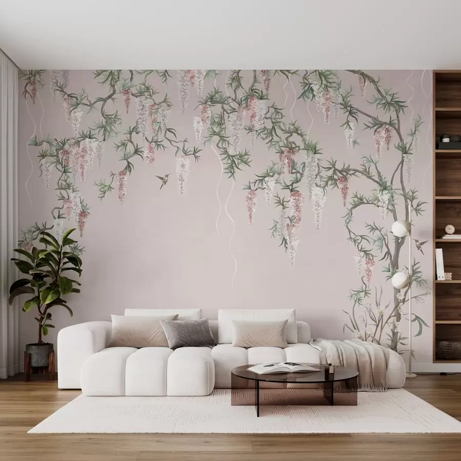 murales de pared Ramas en flor con capullos rosas y pájaros w05394v1