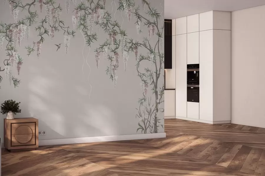 murales de pared Ramas en flor con capullos rosas y pájaros w05394v1