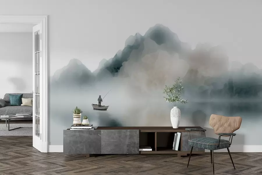 murales de pared Paisaje montañoso con un barco y un pescador que se desvanecen en una suave niebla w09678