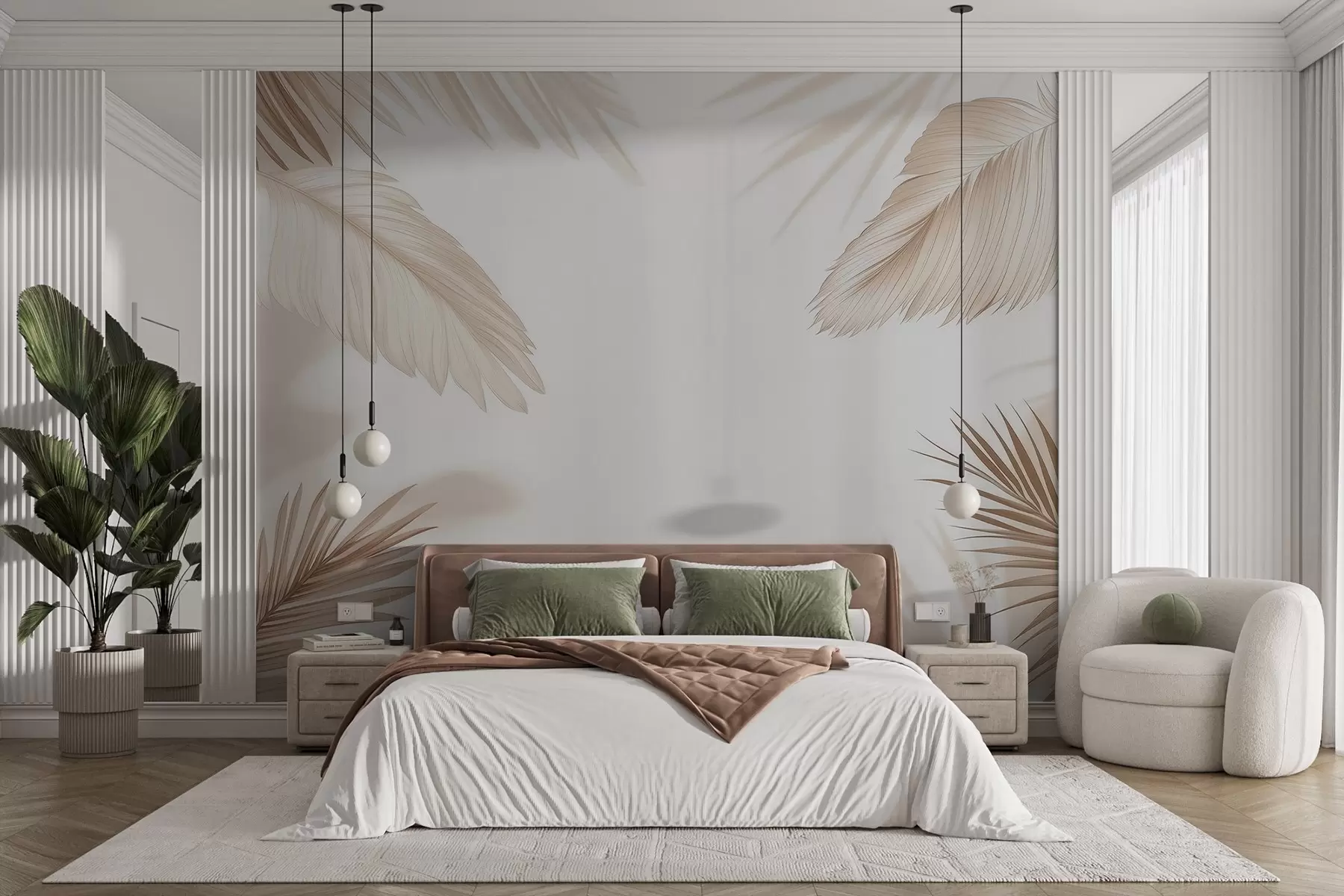murales de pared Decoración tropical en tonos beige con siluetas de hojas de palmera y sombras suaves w09714
