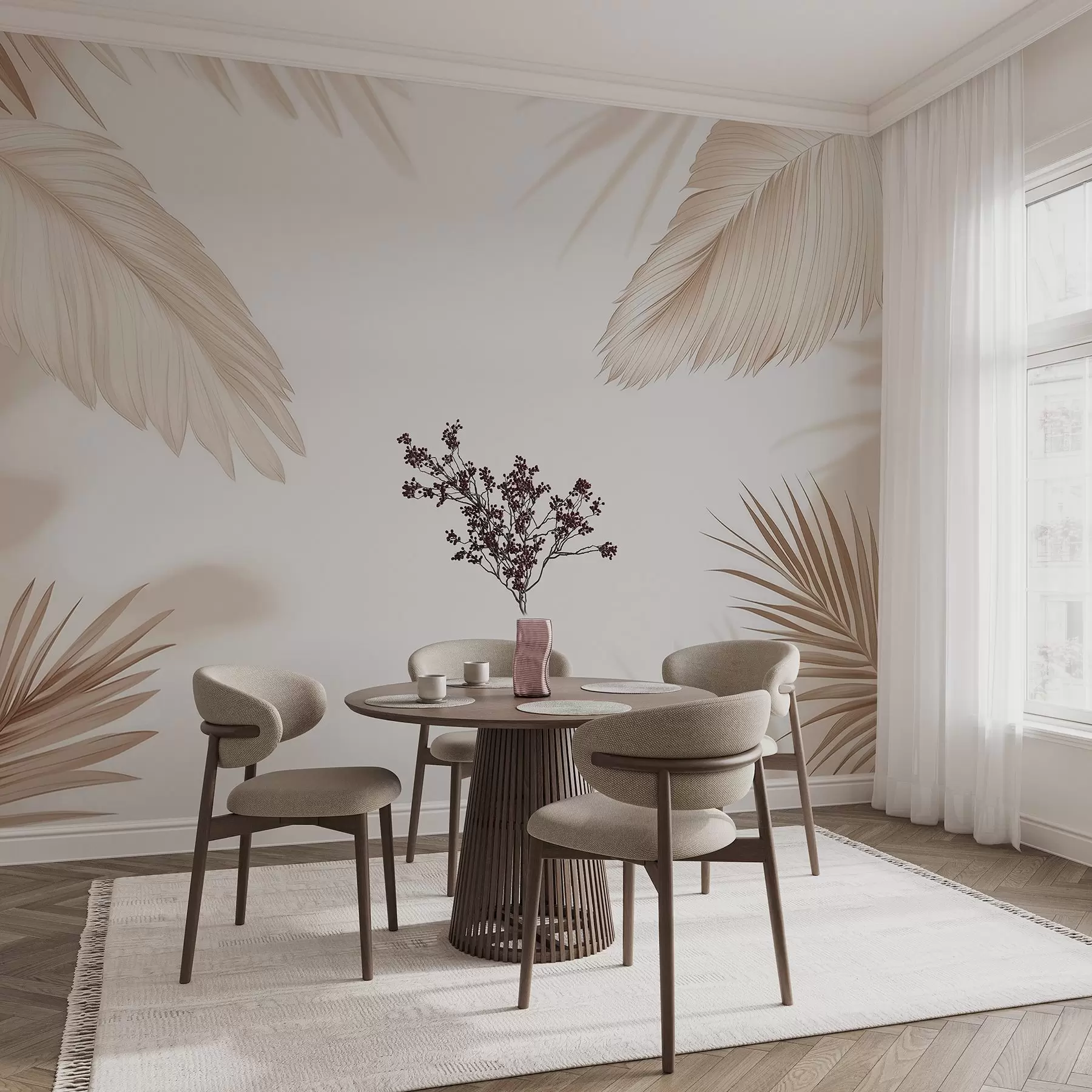 murales de pared Decoración tropical en tonos beige con siluetas de hojas de palmera y sombras suaves w09714