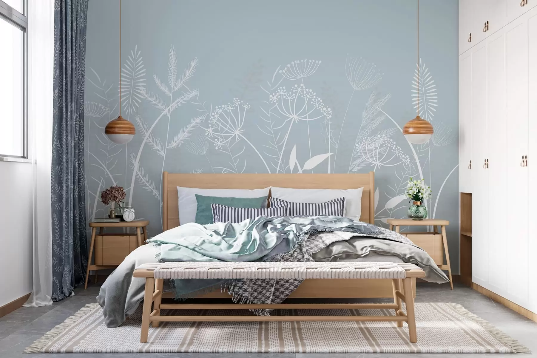 murales de pared delicadas hierbas silvestres y flores pintadas a mano sobre un fondo gris azulado w05383