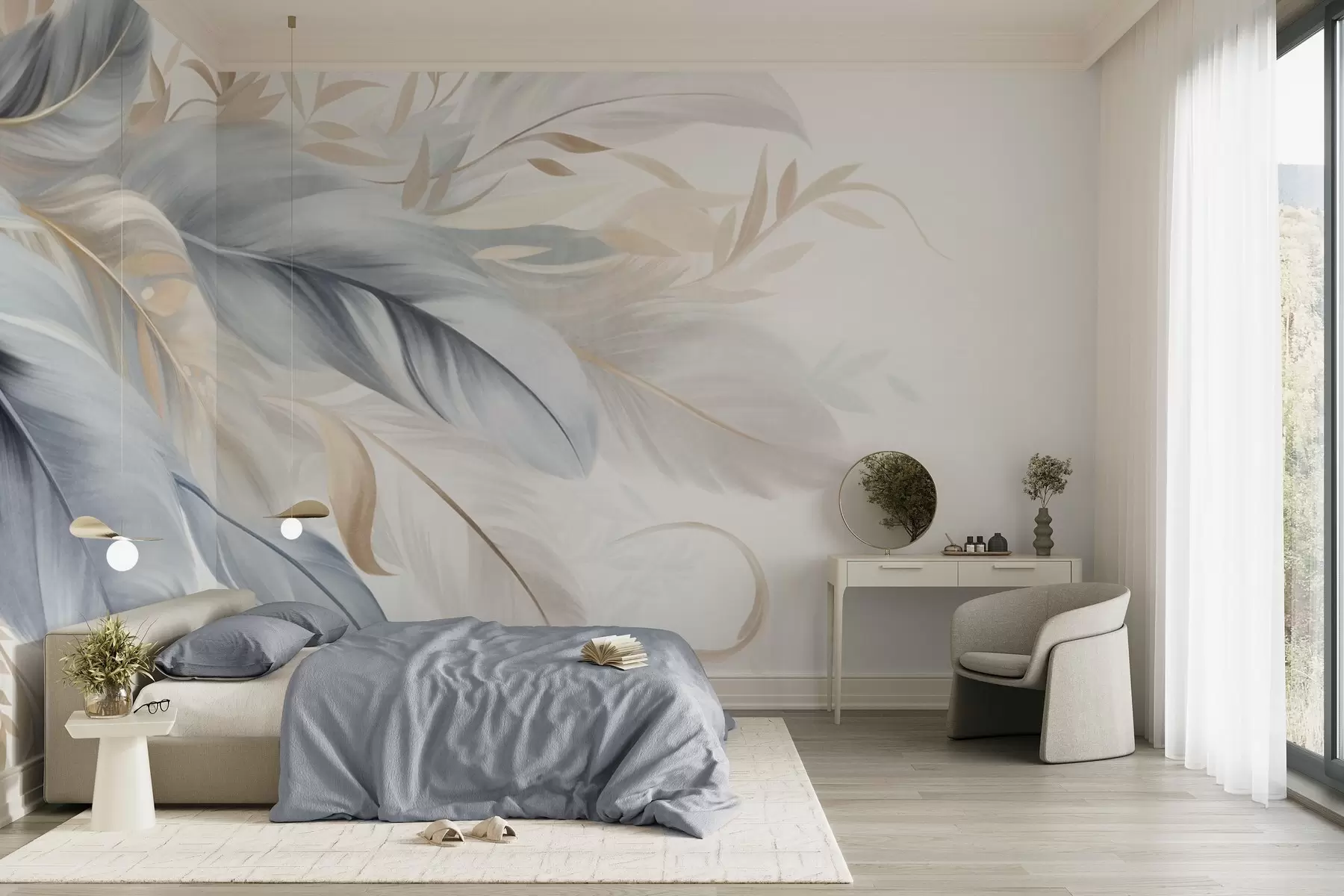 murales de pared Plumas con textura en tonos pastel y delicadas hojas sobre un fondo claro w09763
