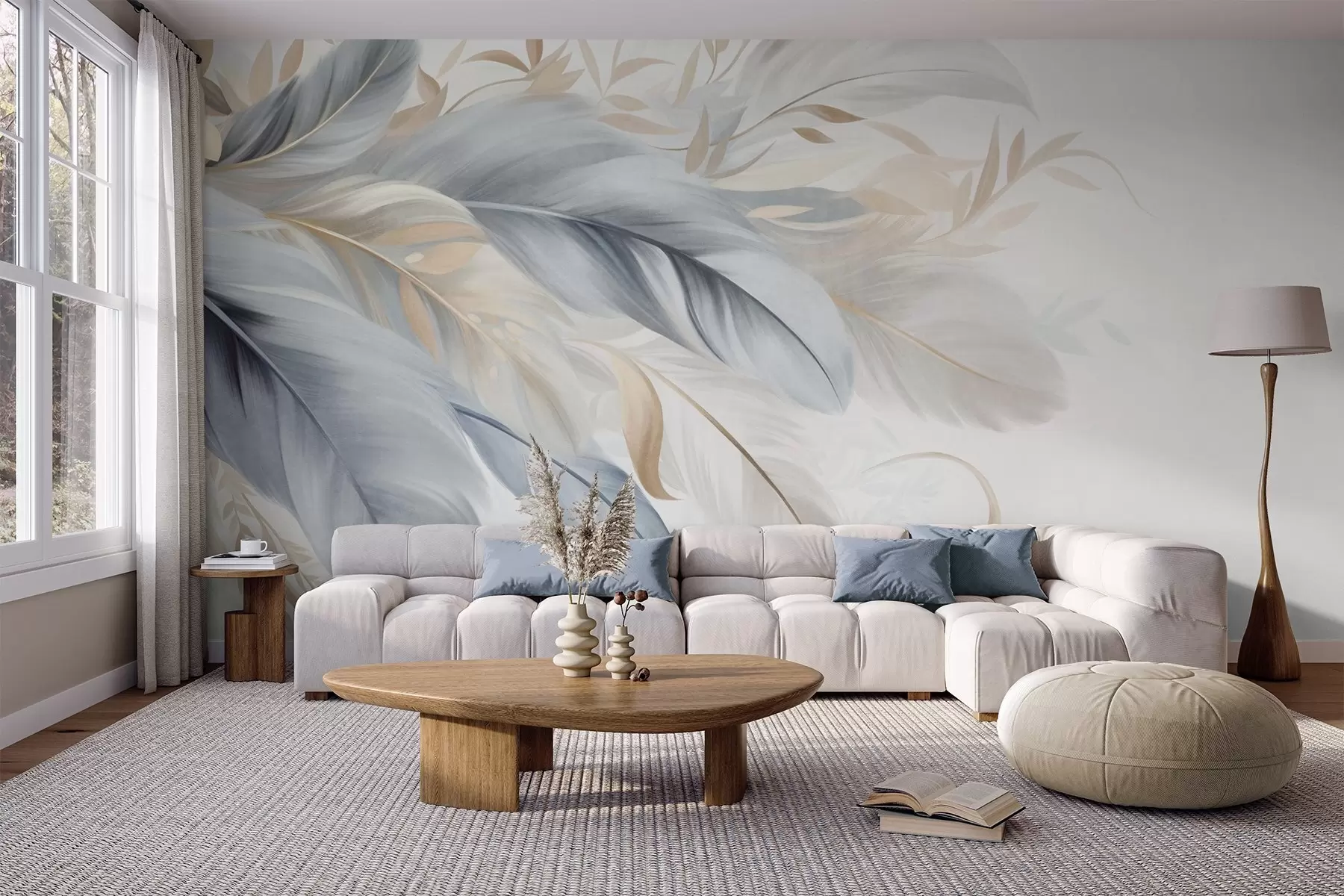 murales de pared Plumas con textura en tonos pastel y delicadas hojas sobre un fondo claro w09763