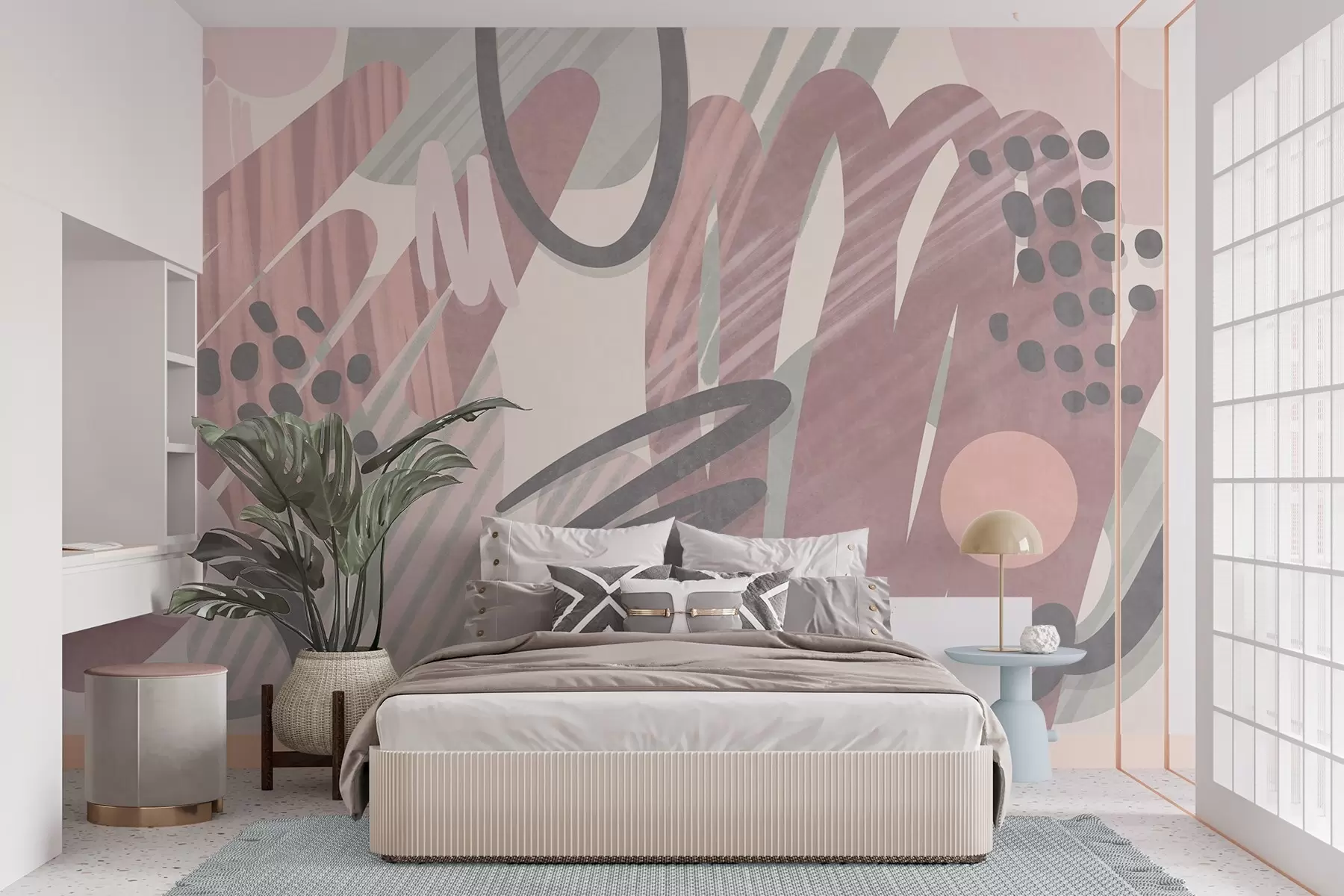 murales de pared Estampado abstracto con texturas, formas orgánicas, garabatos y puntos en tonos pastel apagados w09774v1