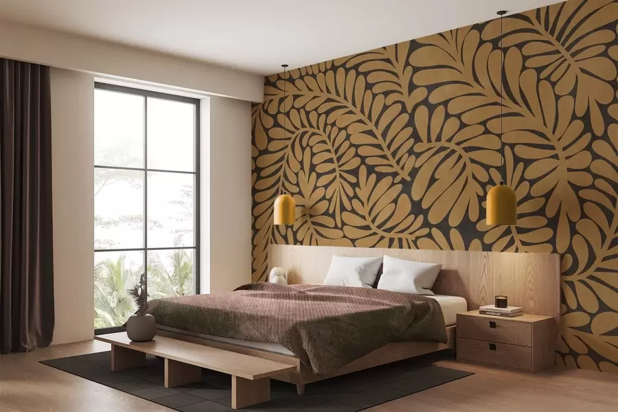 murales de pared Hojas de color amarillo mostaza estilizadas sobre un fondo gris oscuro, obra de arte con textura w09775