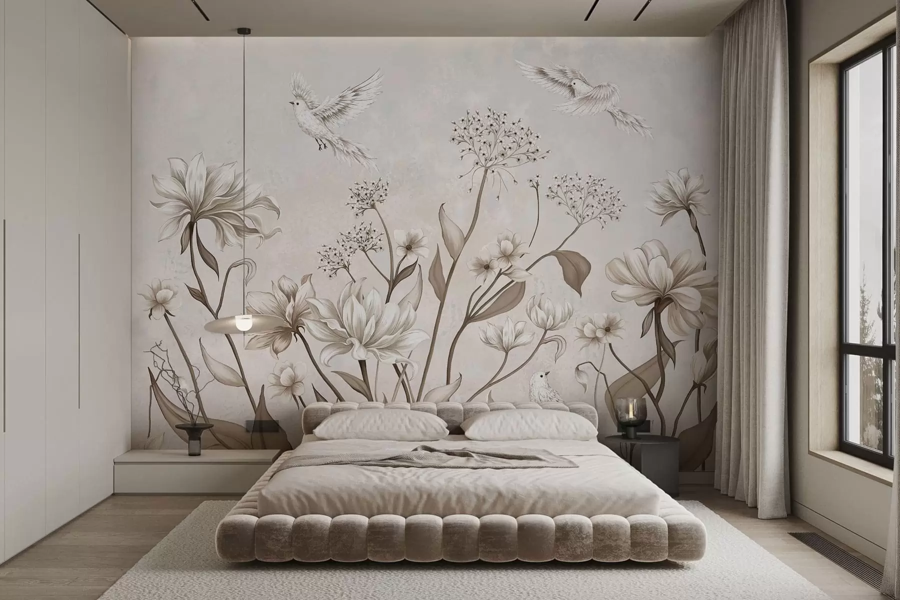 murales de pared Flores claras y pájaros sobre un fondo suave w05118