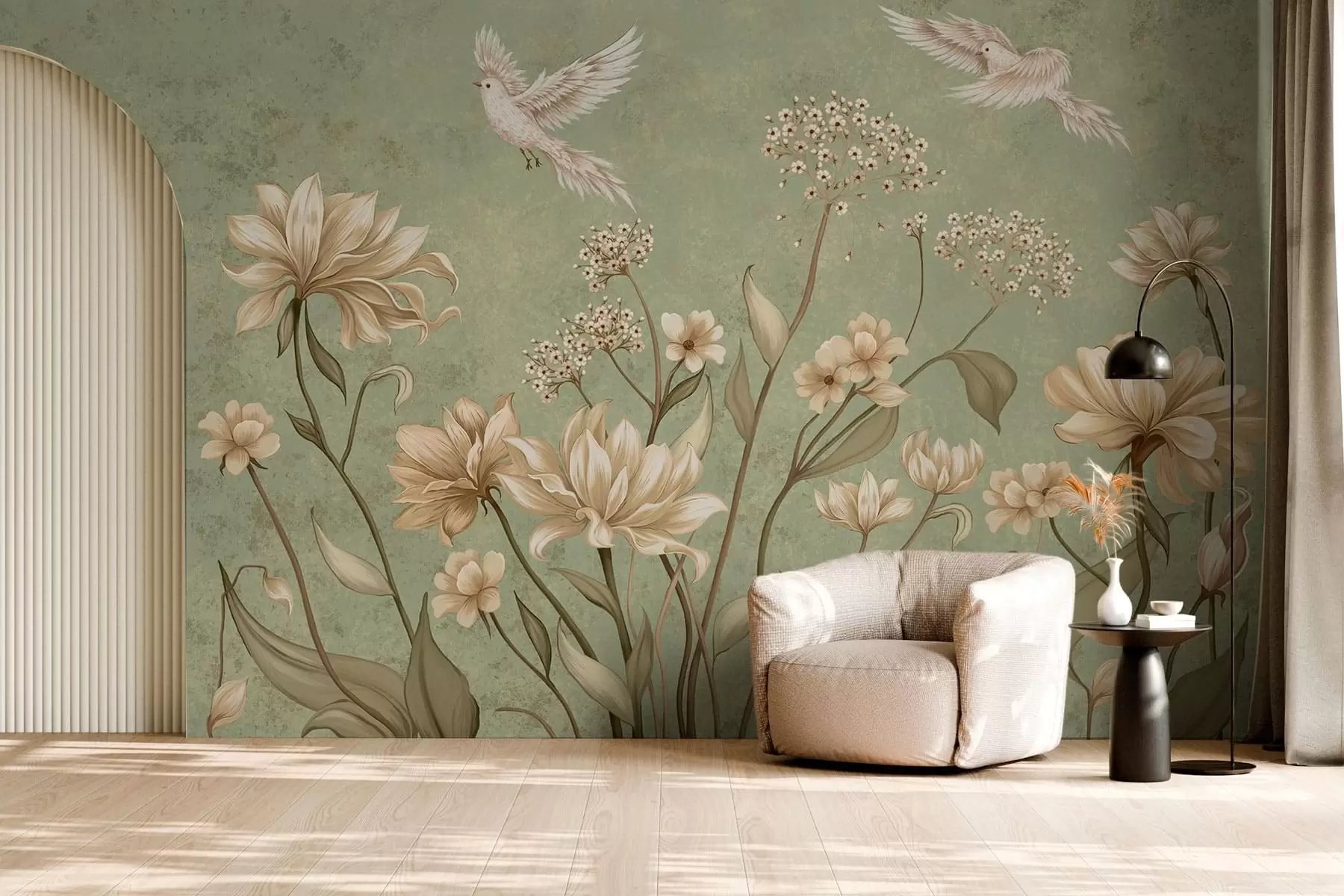 murales de pared Flores y pájaros sobre un fondo verde con textura w05118v1