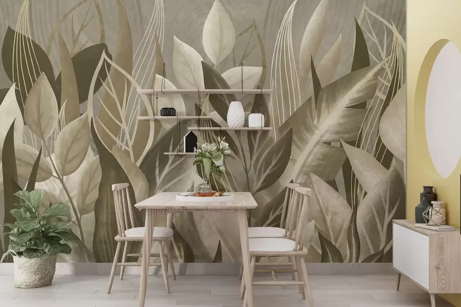 murales de pared Hojas abstractas en tonos beige y verde w05148